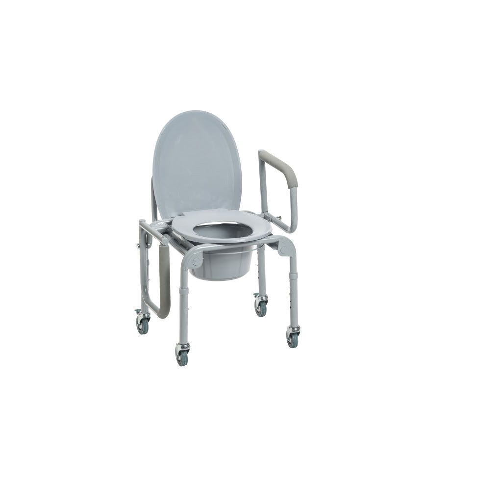 Steel Drop-Arm Commode with Wheels and Padded Armrests Armrest Down