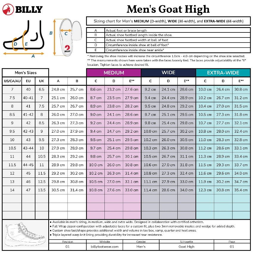 Billy Goat Classic High Tops Size Chart
