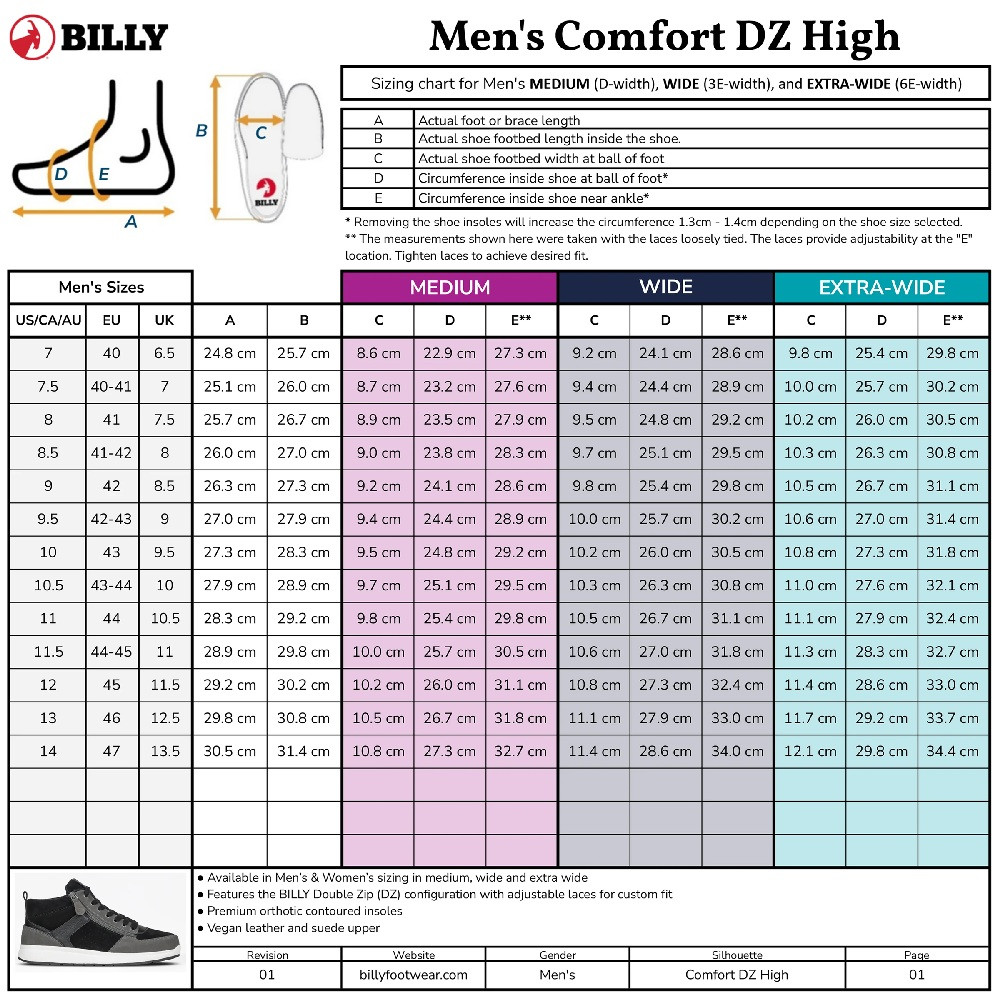 Men's BILLY Comfort DZ High Tops_Size Chart