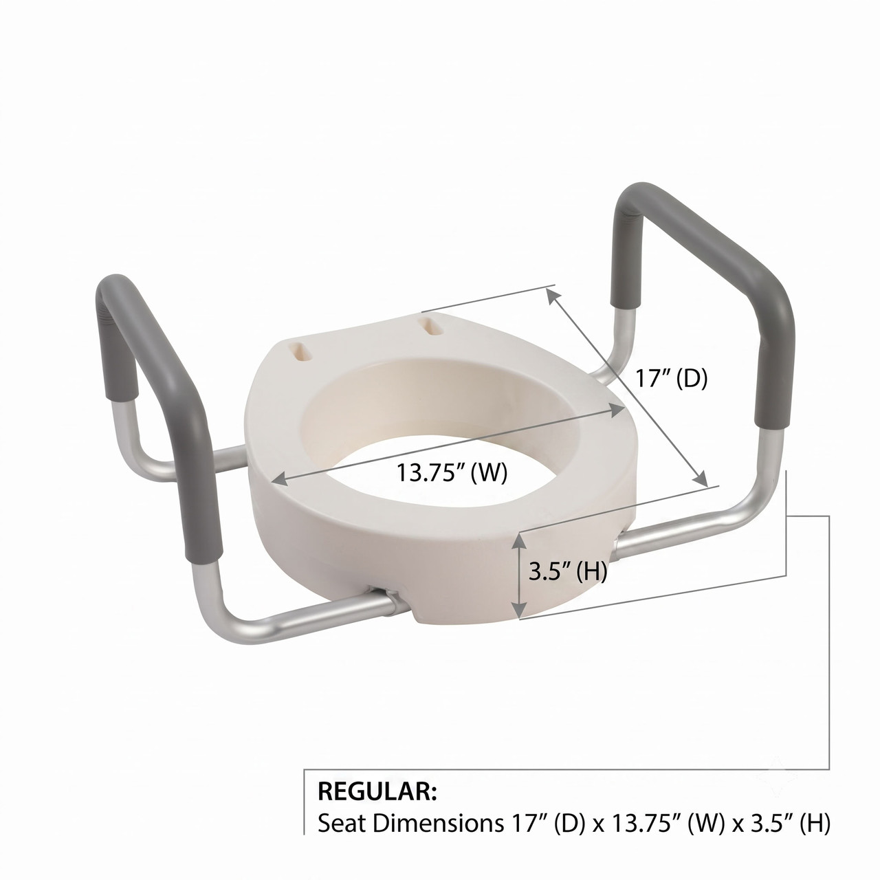 Premium Raised Toilet Seat with Removable Arms Dimensions Regular
