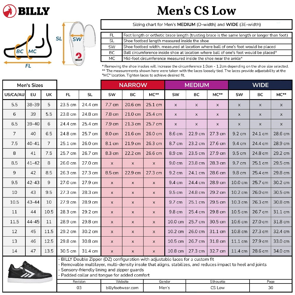 Adaptive Men's BILLY CS Low Shoes_Size Chart