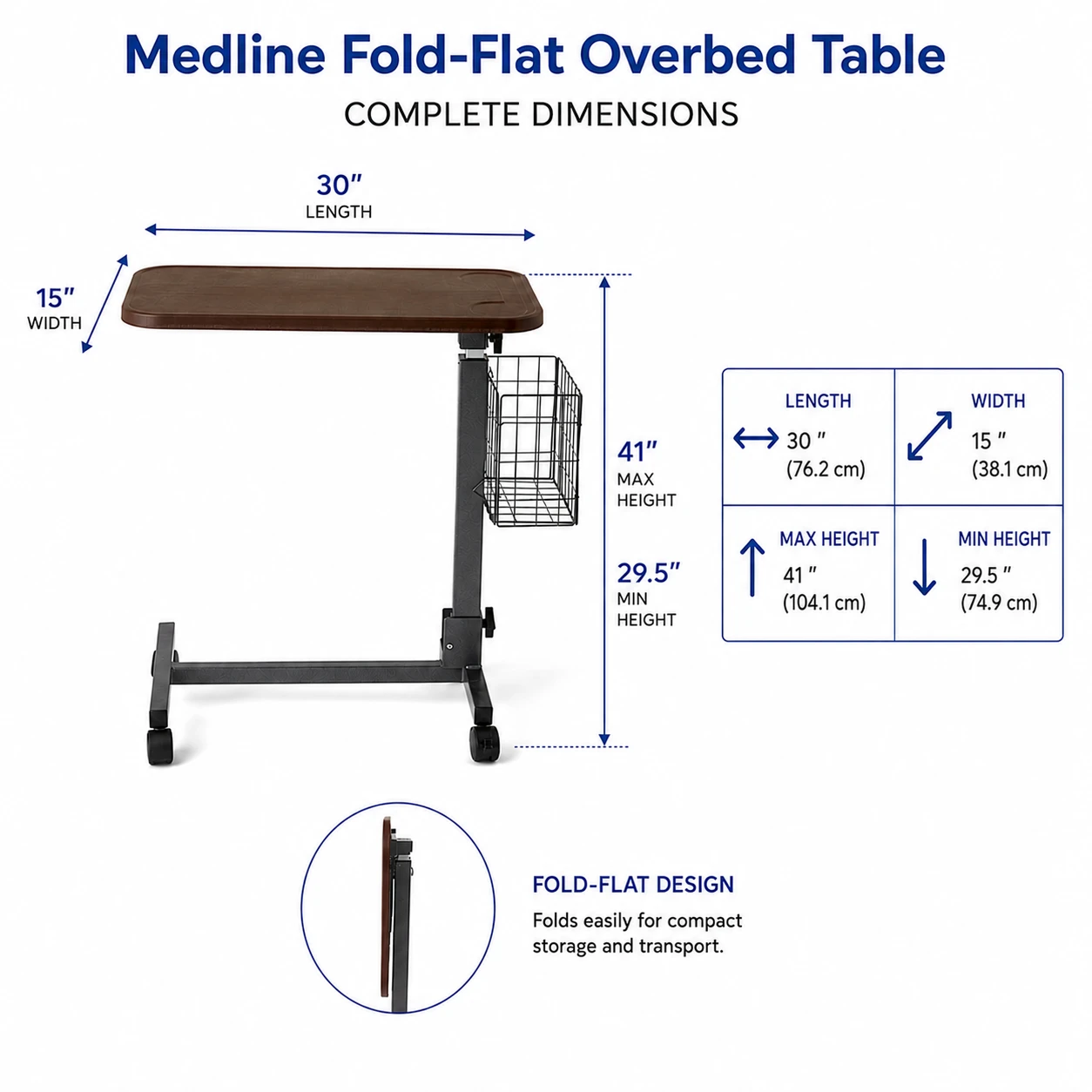 Medline Fold-Flat Overbed Table Dimensions