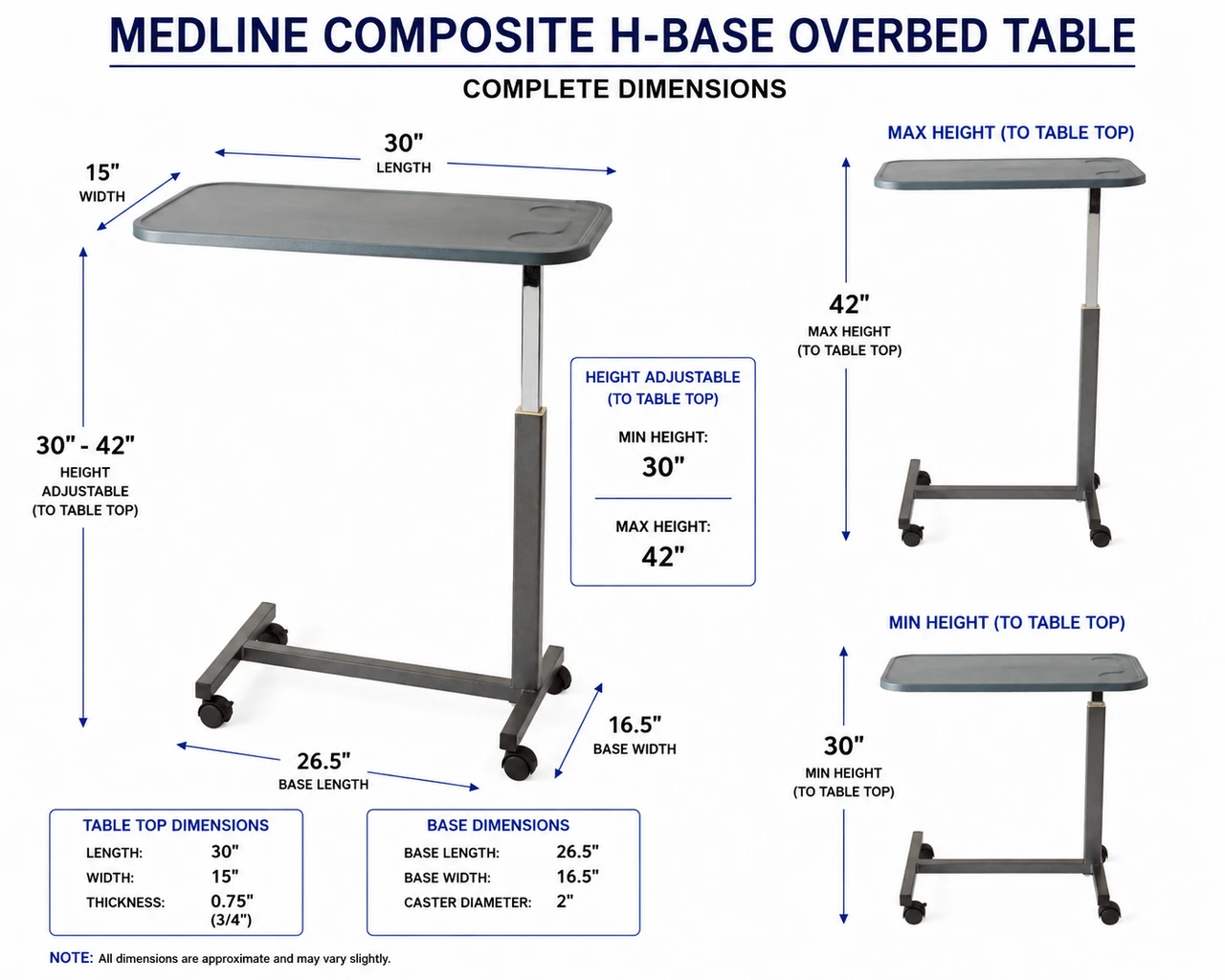 Medline Composite H-Base Overbed Table Dimensions