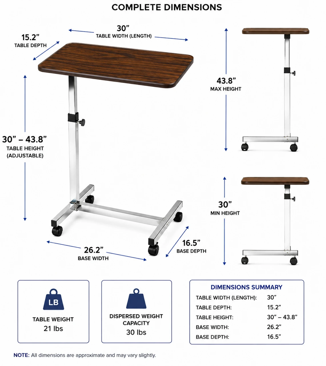 Lumex Deluxe Tilt Overbed Table Dimensions