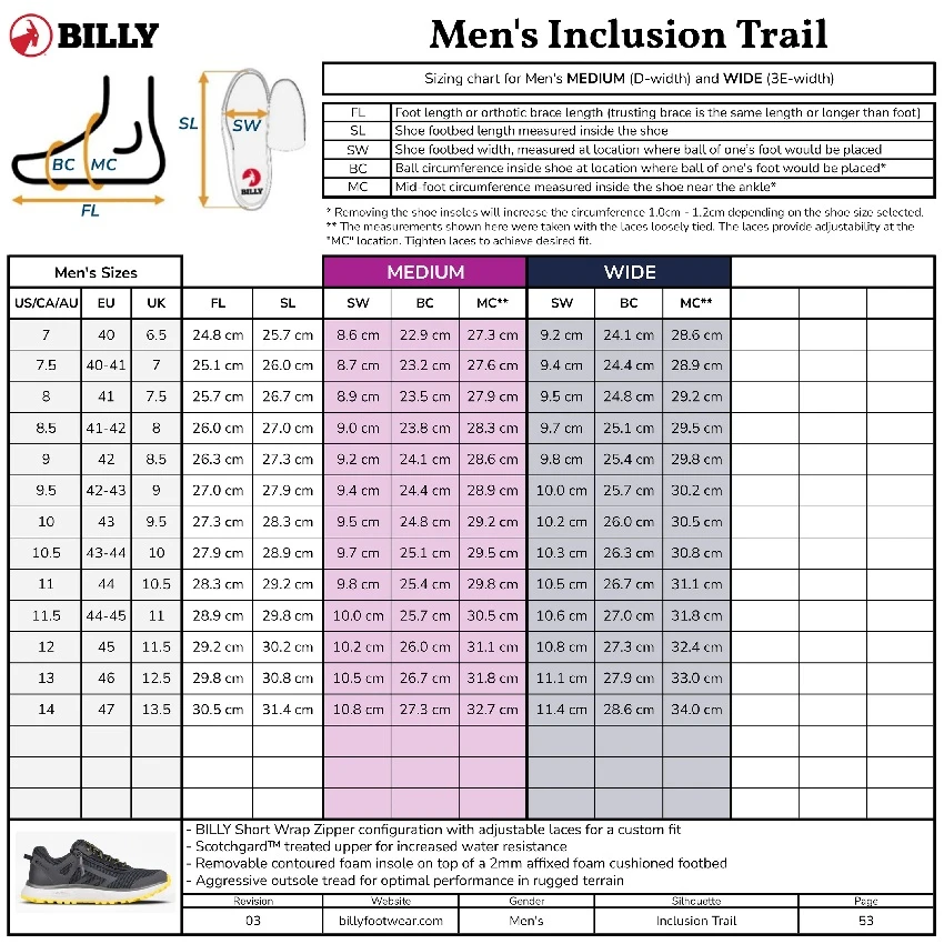 BILLY Inclusion Trail Shoes_Size Chart