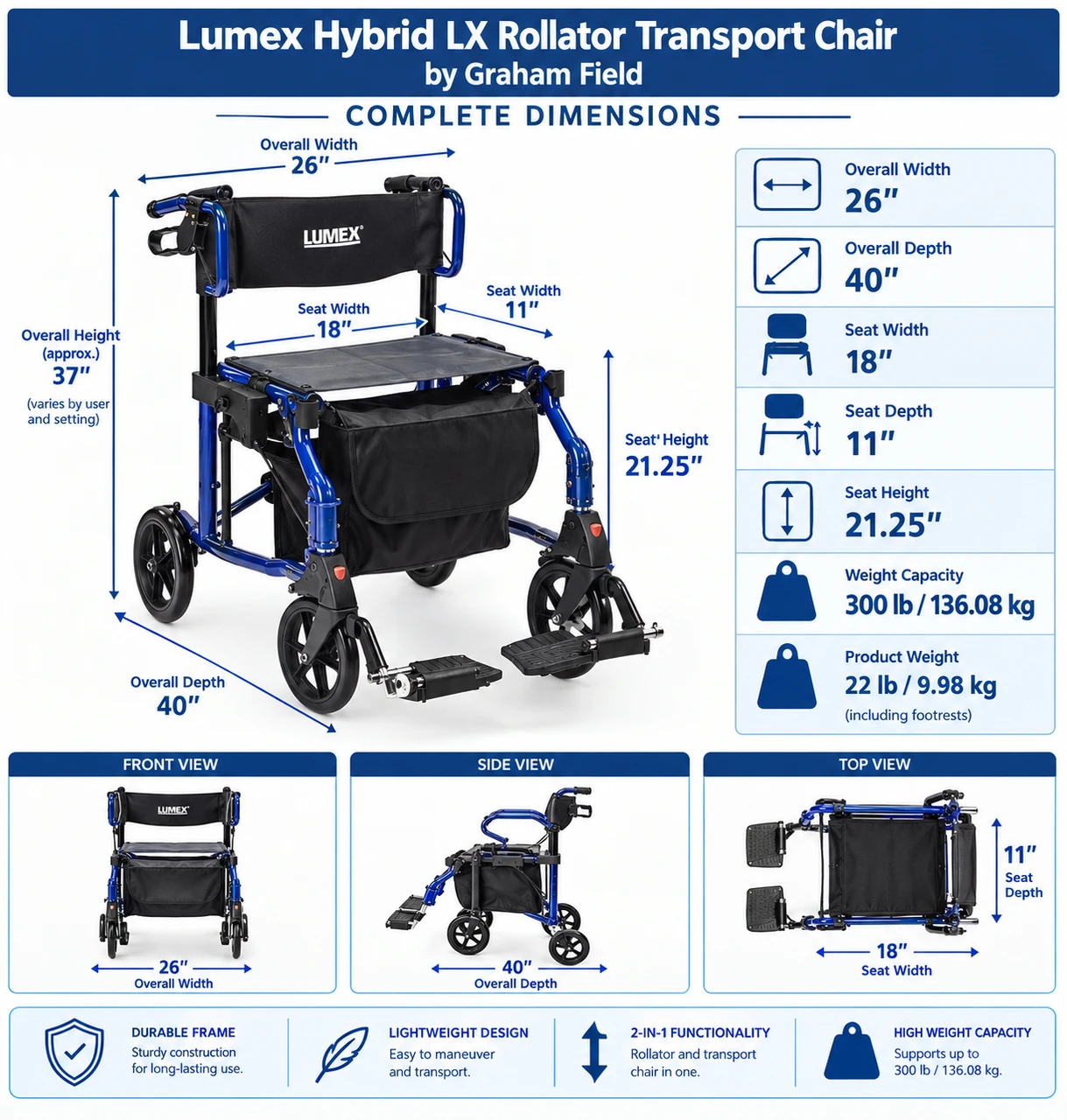 Lumex Hybrid LX Rollator Transport Chair Dimensions