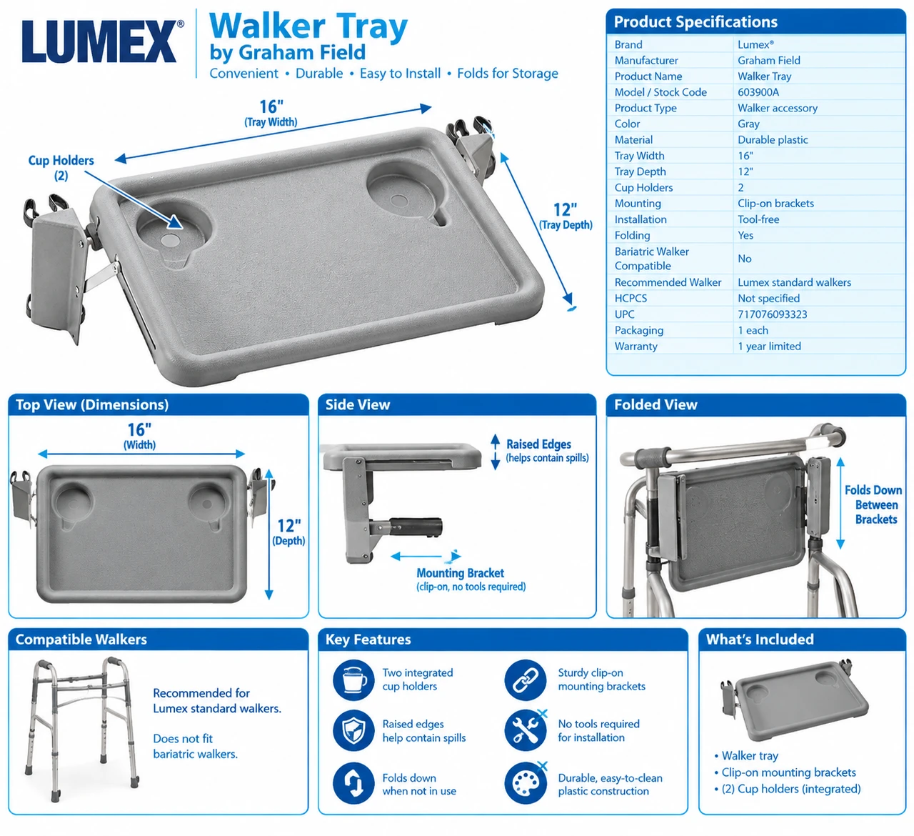 Lumex Walker Tray by Graham Field Dimensions