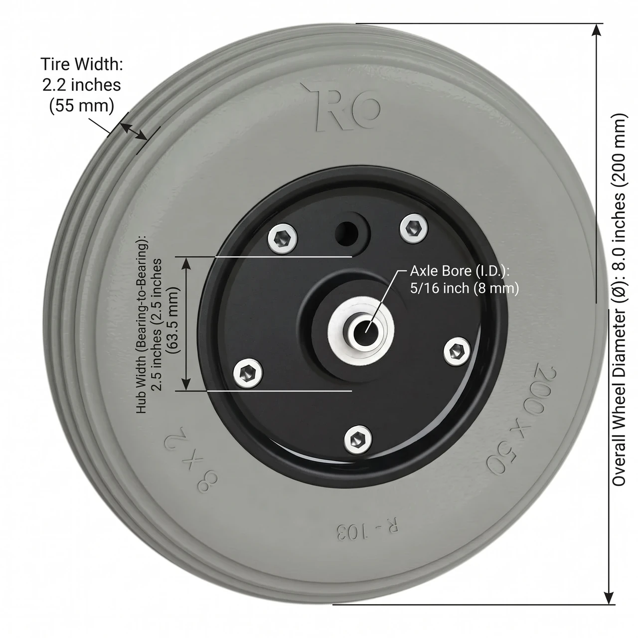 8x2.2" Caster Wheel Assembly Dimensions