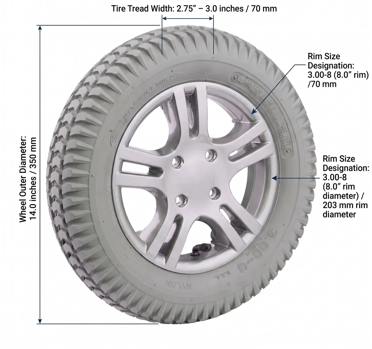 14x3" Complete Drive Wheel For Permobil Dimensions