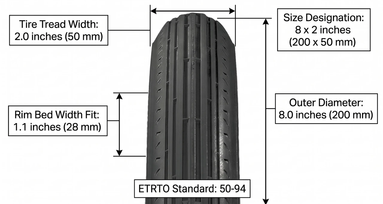 8x2" Black Non-Marking Tire Dimensions