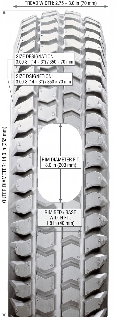 3.00-8" (14x3") All Weather Tire Dimensions