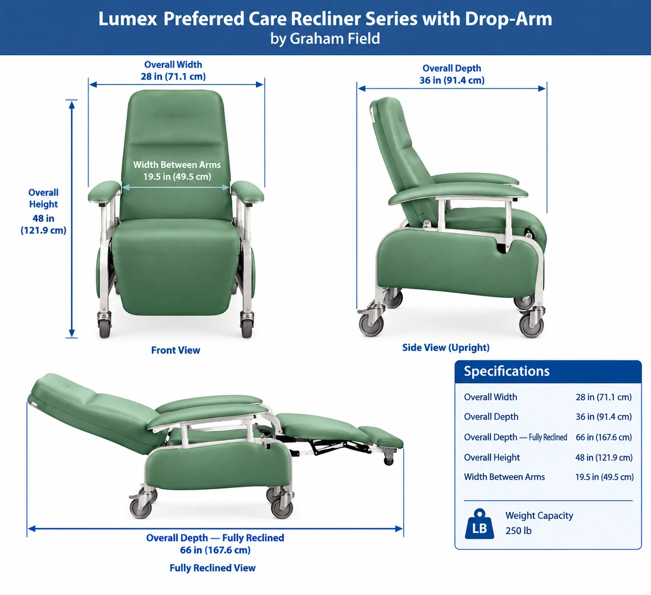 Lumex Preferred Care Recliner Series Drop-Arm Dimensions