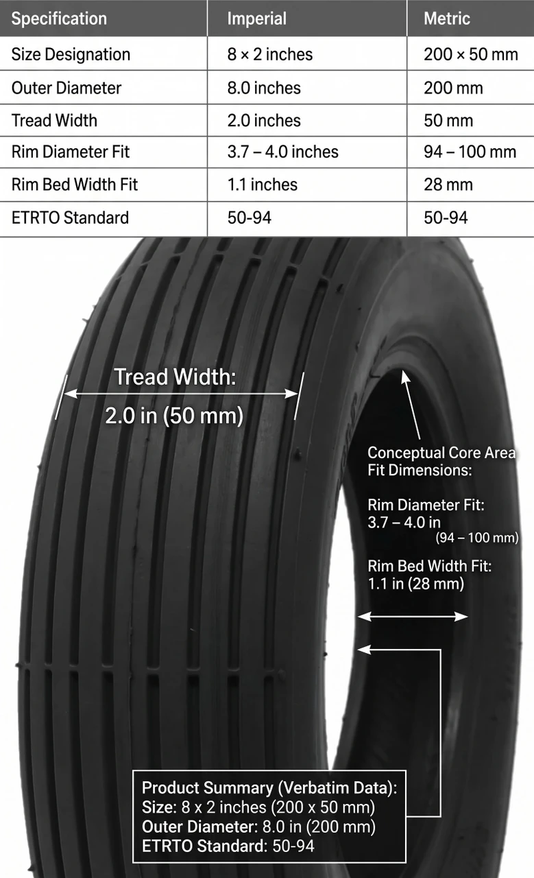 8x2" (200mmx50mm) Pneumatic Non-Marking Tire Dimensions