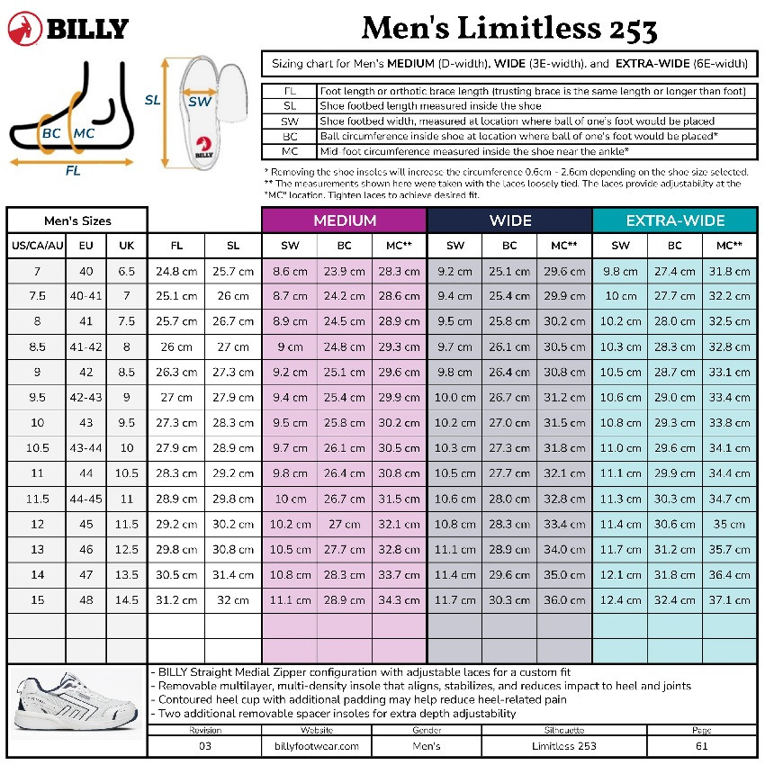 BILLY Limitless 253 Size Chart