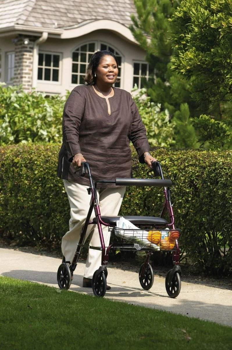 Medline Heavy-Duty Aluminum Bariatric Rollator with 8in Wheels Burgundy Lifestyle