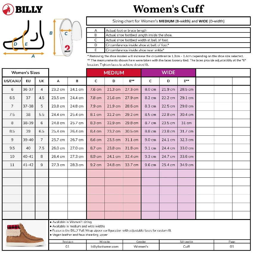 Women's Cognac BILLY Cuff_Size Chart