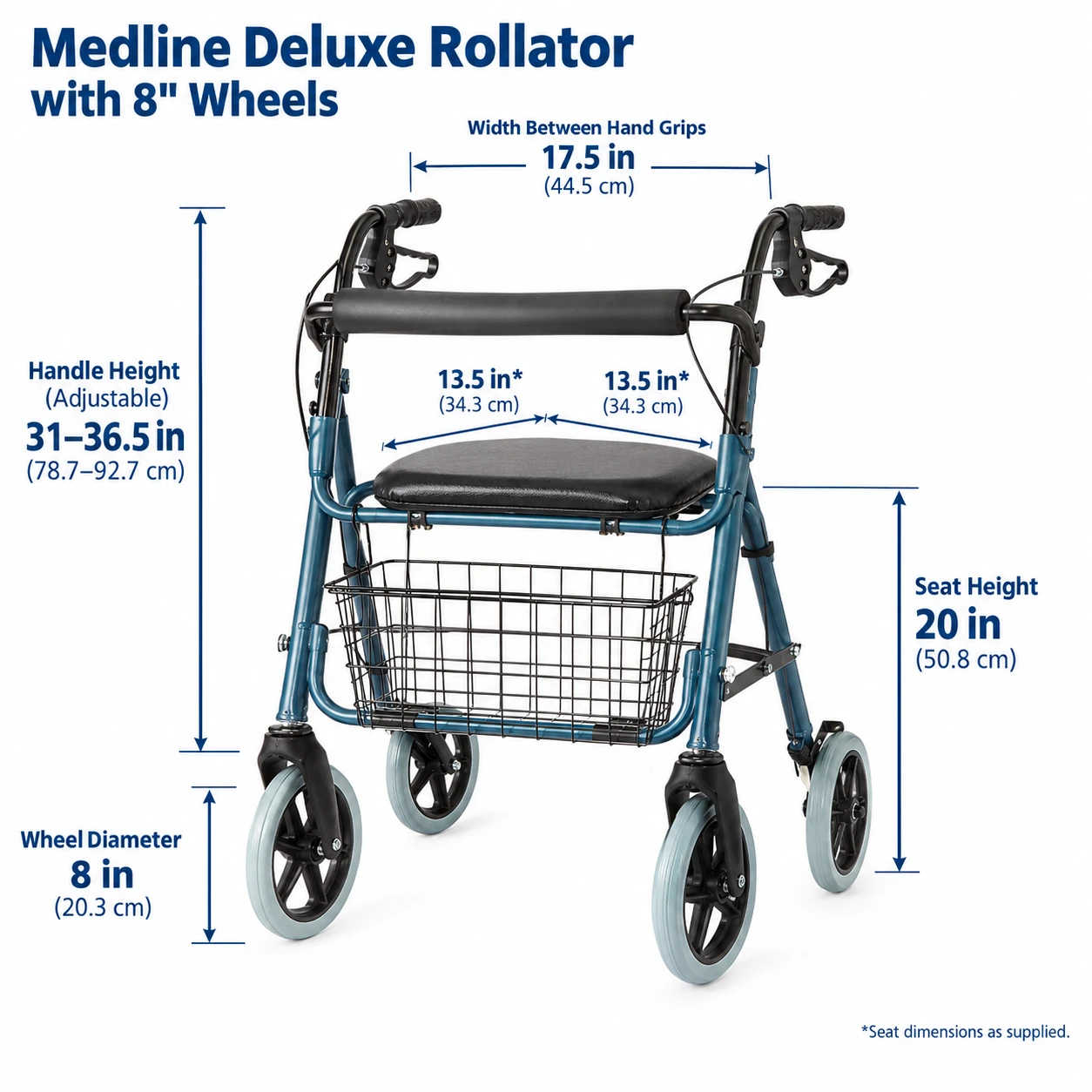 Medline Deluxe Rollator with 8" Wheels Dimensions