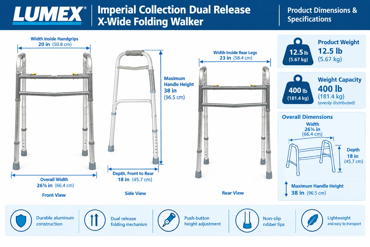 Lumex Imperial Collection Dual Release X-Wide Folding Walker Dimensions