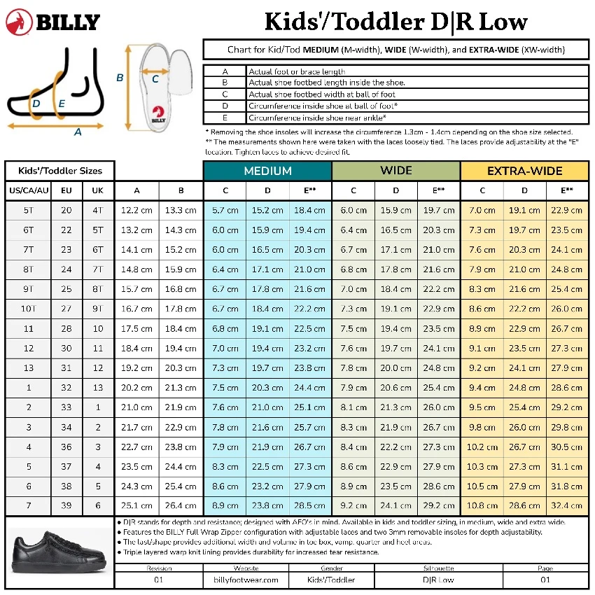 Adaptive Kids Black Leather BILLY Classic D|R II Low Shoes_Size Chart