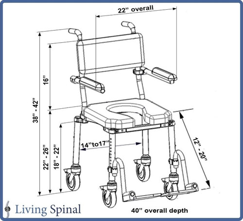 MC4000 Pediatric Mobile Shower Commode Chair by Nuprodx Product Measurements Living Spinal