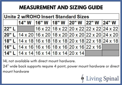 Comfort Unite 2 with ROHO Insert Back Support Product Size Guide