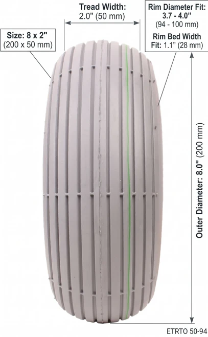 8x2" (200mmx50mm) Pneumatic Tire Dimensions