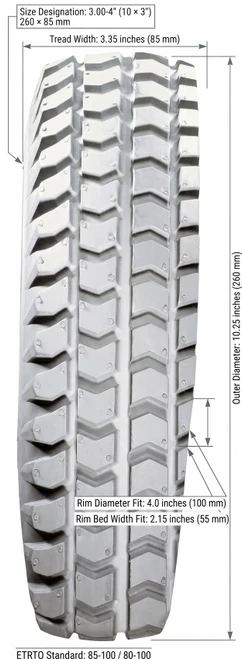 3.00-4" (10x3") All Weather Pneumatic Tire Dimensions
