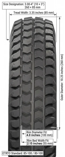 3.00-4" (10x3") Non-Marking All Weather Pneumatic Tire Dimensions