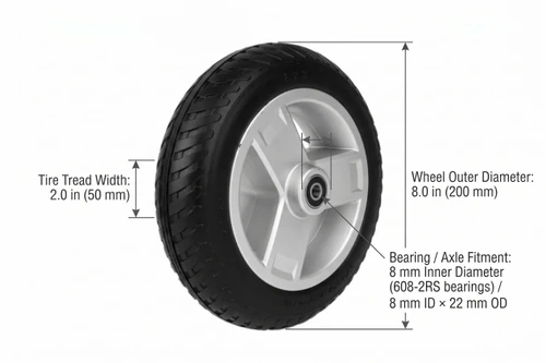 8X2” Pride Go-Go 3-Wheel Scooters Front Wheel Assembly Dimensions