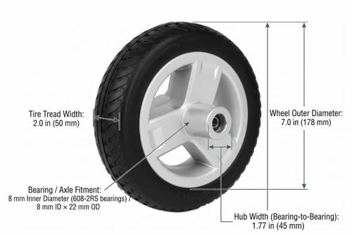 7X2” Pride Go-Go 4-Wheel Scooters Front Wheel Assembly Dimensions