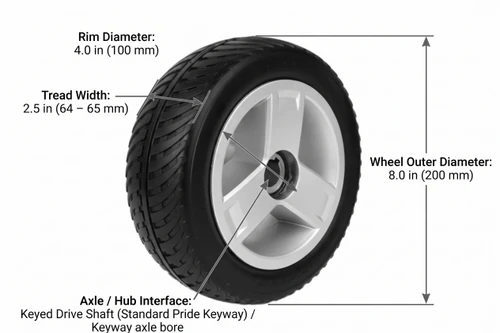 8X2.5” Pride Go-Go Wheel Scooters Rear Wheel Assembly Dimensions