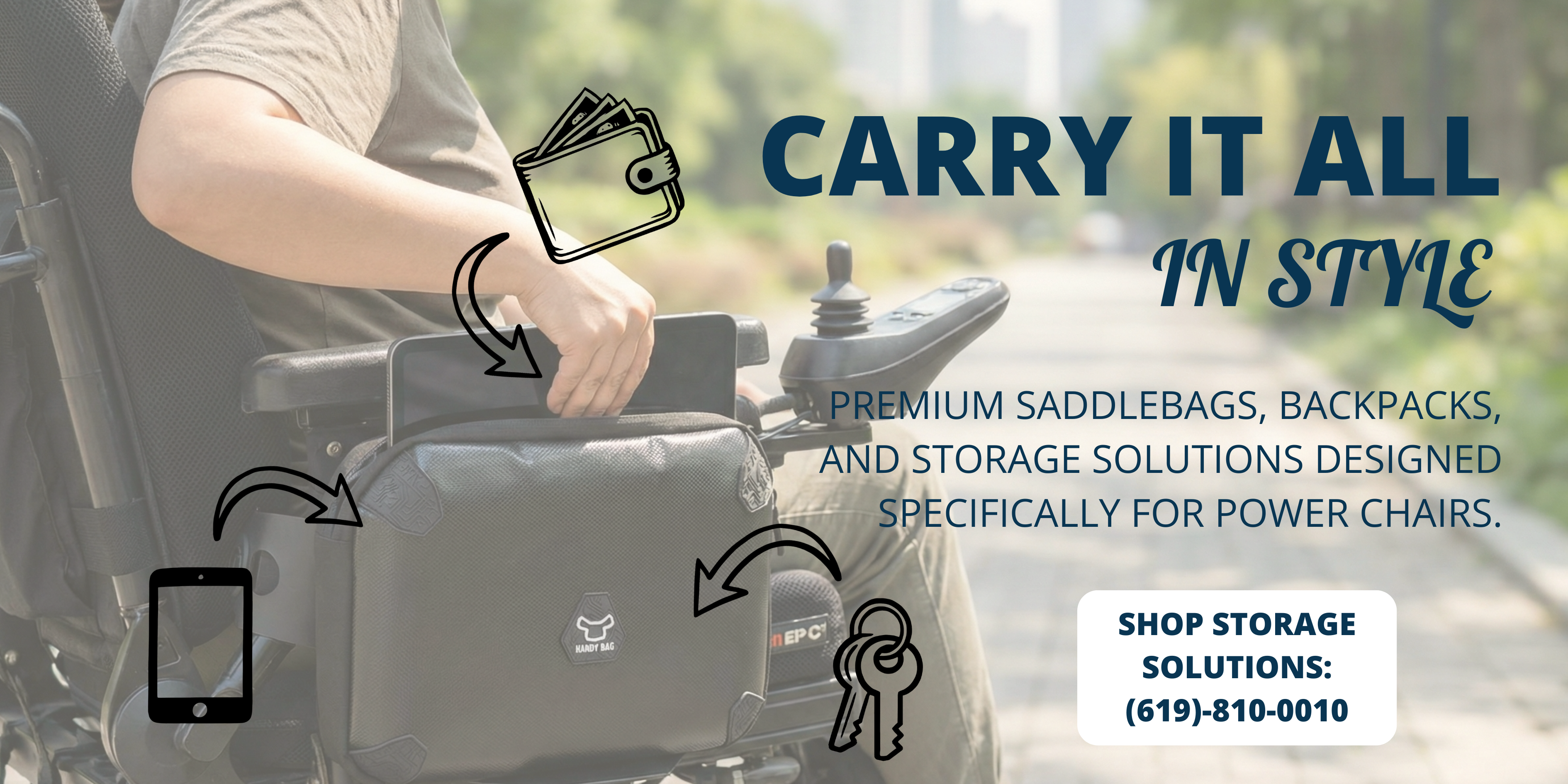 Handy Bag under seat and side bags mounted to a wheelchair