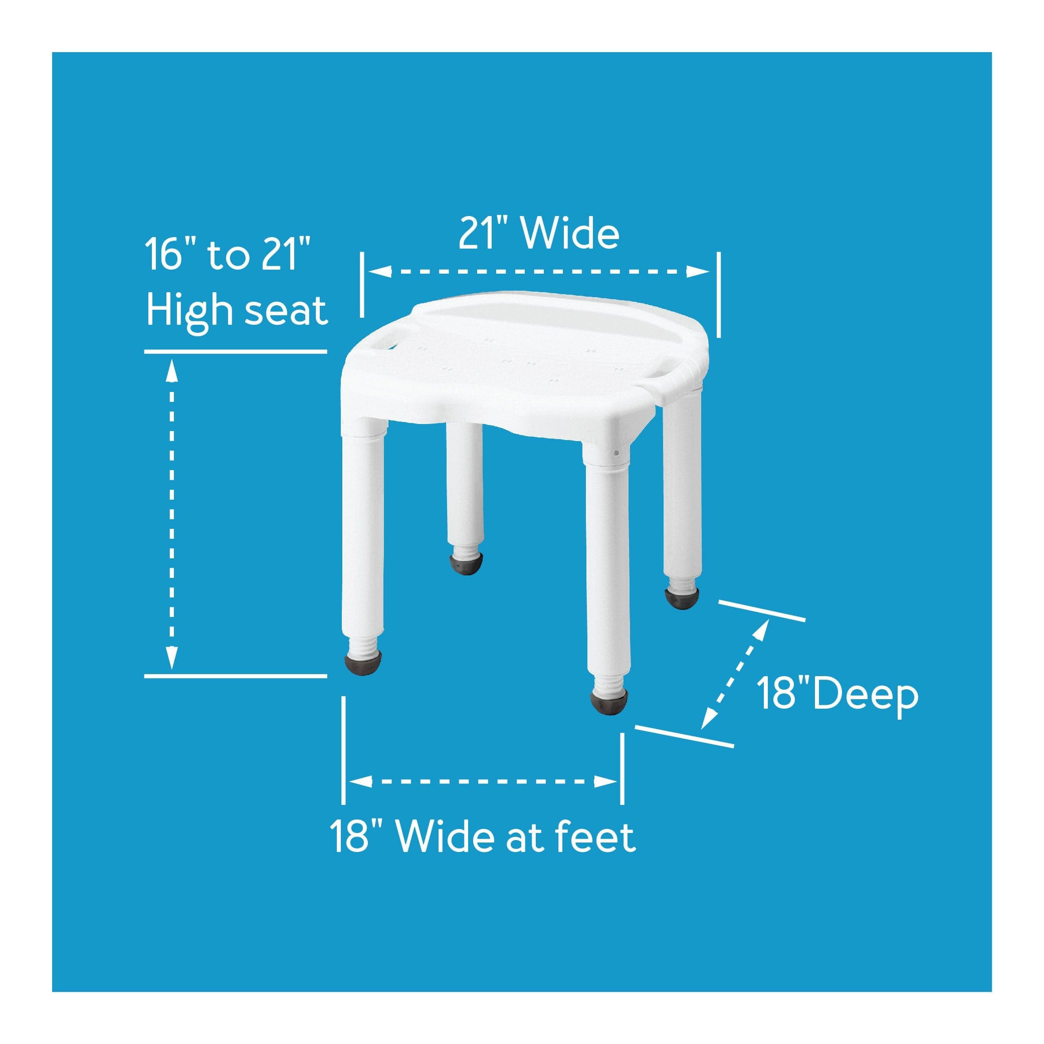 Carex Universal Bath Seat without Back measurement diagram showing a 21 inch wide seat, 18 inch wide at the feet, 18 inch depth, and 16 to 21 inch adjustable seat height