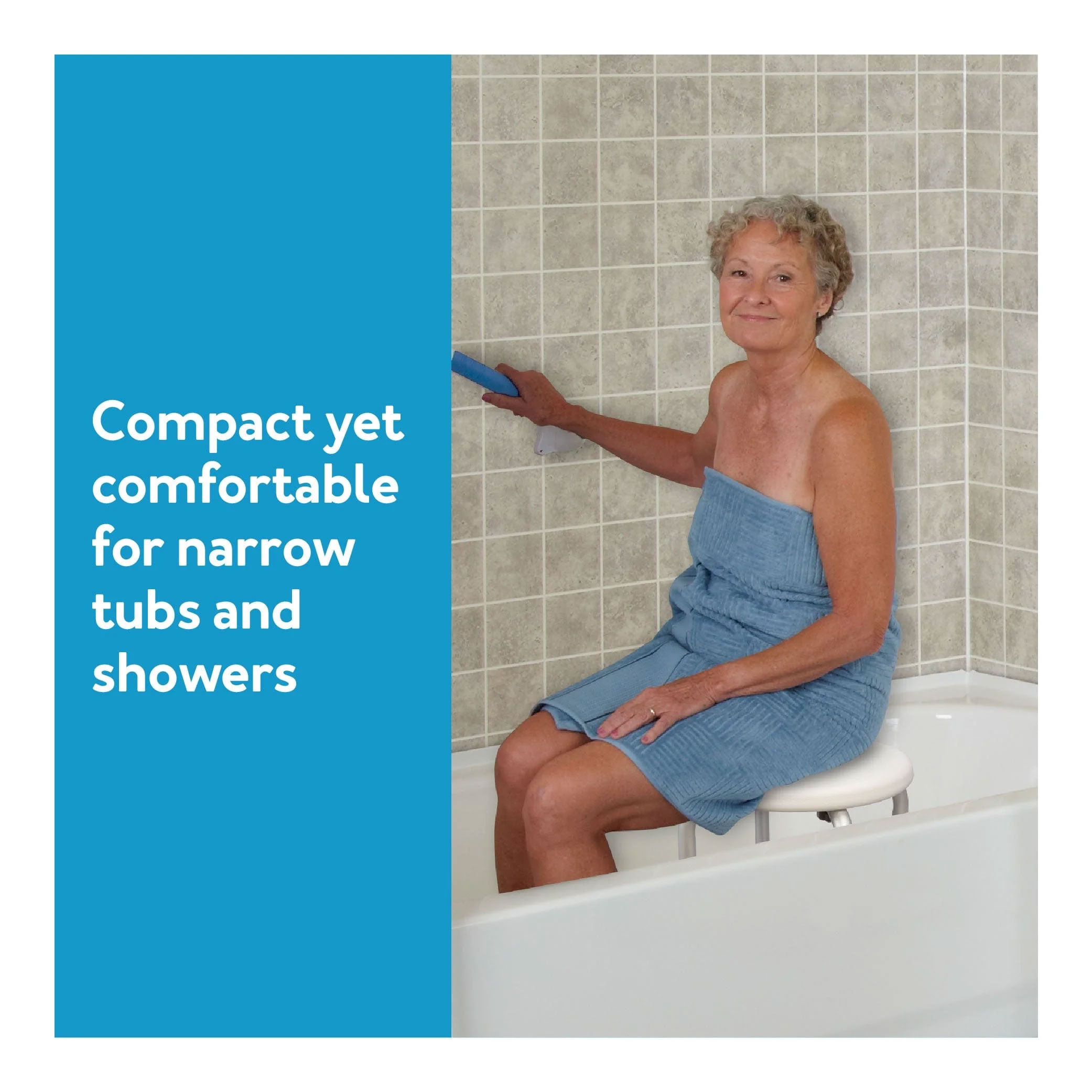 Carex Compact Round Shower Stool fits narrow tubs and showers &mdash; 13 by 13 inch size, height adjustable 16 to 21 inches, durable aluminum with molded plastic supporting up to 250 lbs, corrosion-resistant for long-term use, easy tool-free assembly, and non-slip tips for stability
