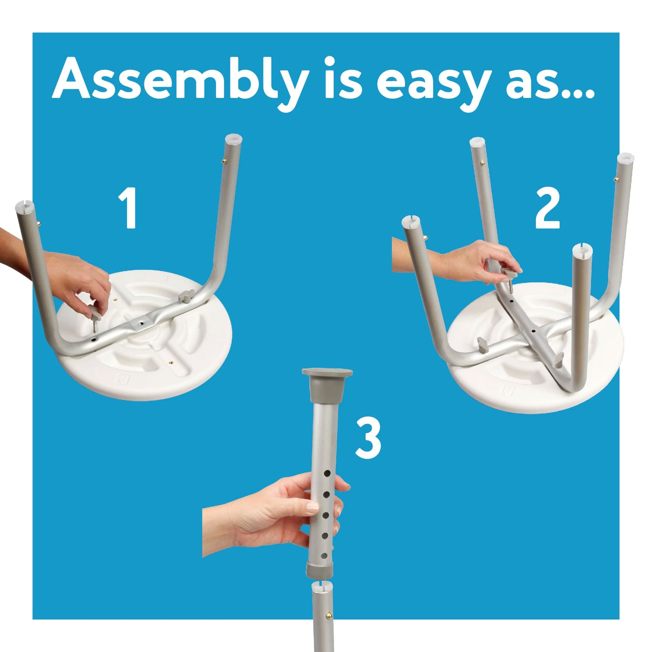 Carex Compact Round Shower Stool easy three-step assembly &mdash; insert the legs into the seat base, snap the structural cross-piece into place, then adjust the height button, all with no tools required