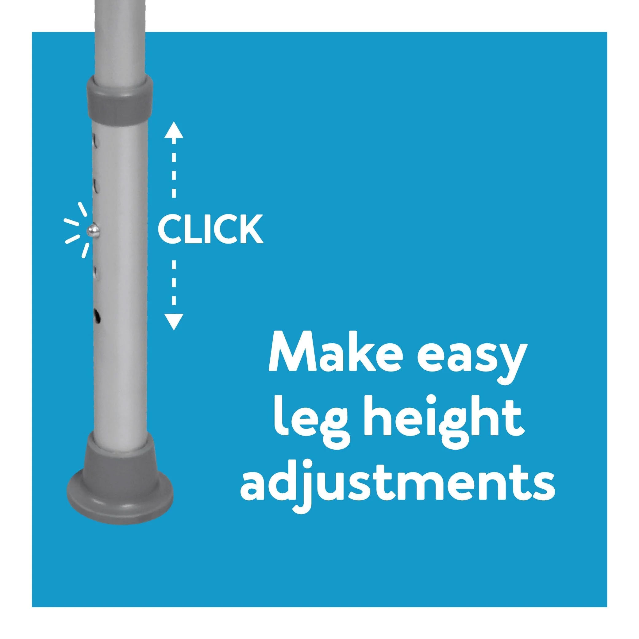 Carex Compact Round Shower Stool adjustable height detail &mdash; sturdy aluminum frame adjusts from 15.5 to 20.5 inches with easy-to-use click detent buttons, slip-resistant feet, small footprint for compact showers or tubs, and 250 lb weight capacity