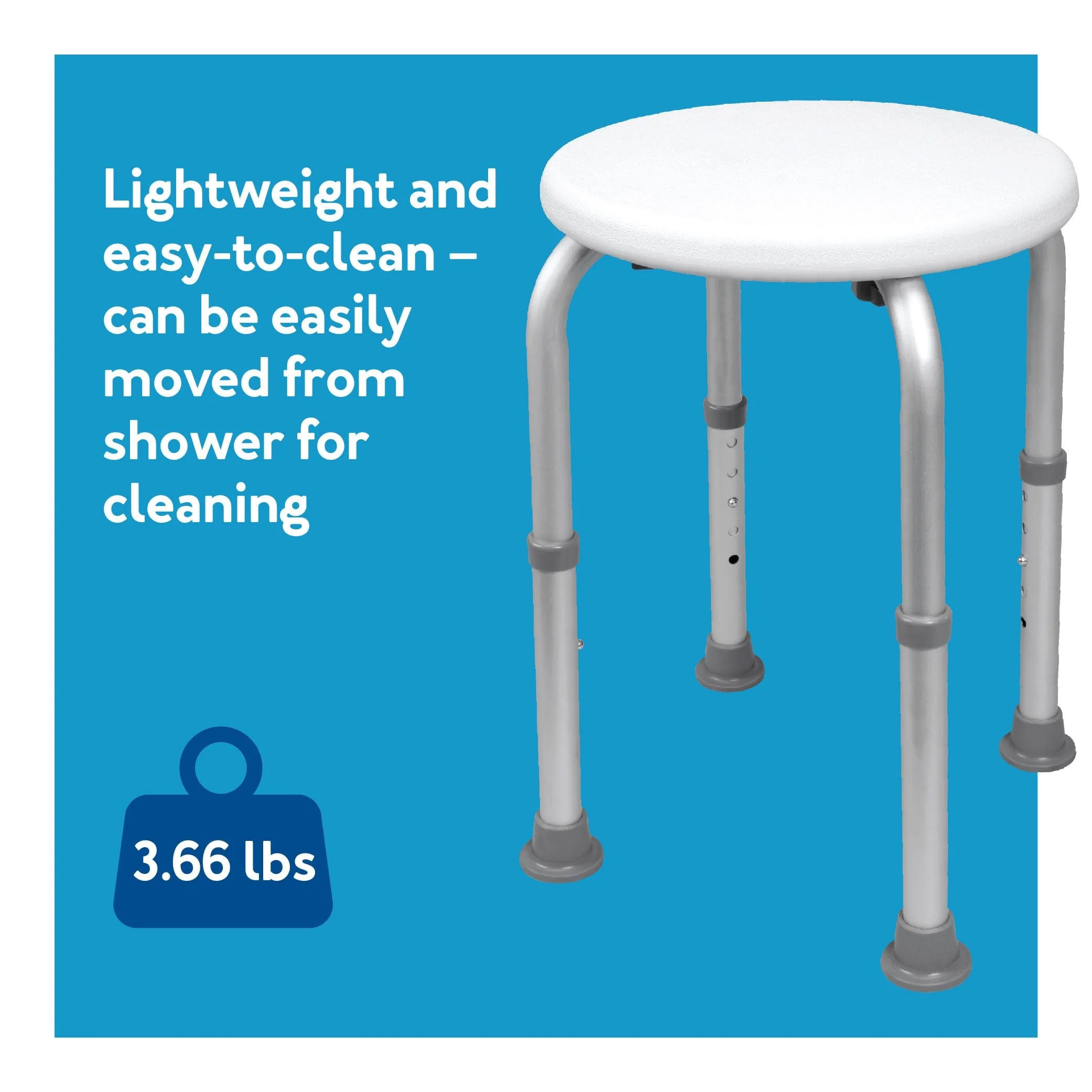 Carex Compact Round Shower Stool is lightweight and easy to clean at just 3.66 lbs &mdash; can be easily moved from the shower for cleaning