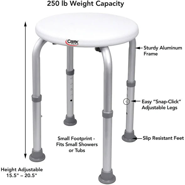 Carex Compact Round Shower Stool measurement guide &mdash; 13 by 13 inch seat, height adjustable from 15.5 to 20.5 inches, with legs set 13 inches apart