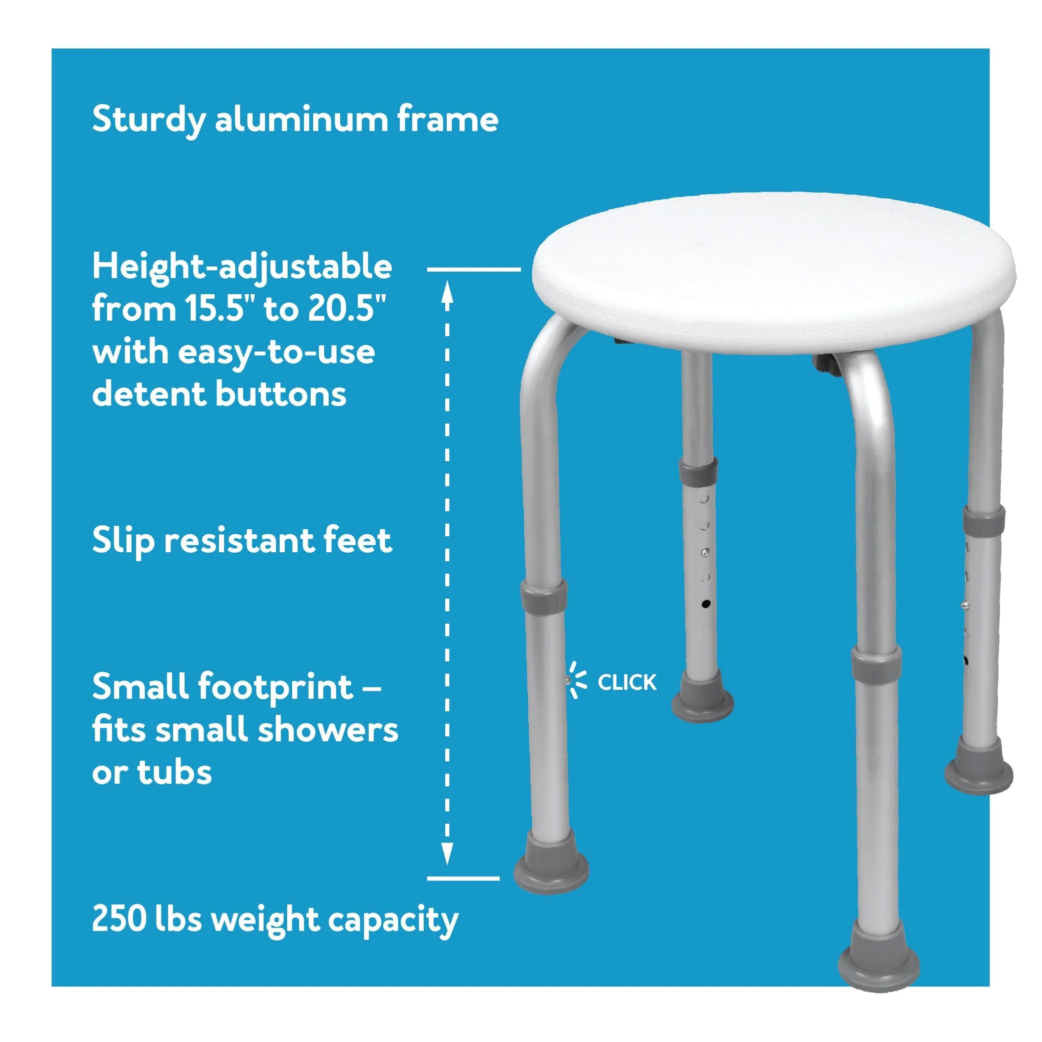Carex Compact Round Shower Stool leg close-up &mdash; slip-resistant grey rubber foot and multiple height-adjustment holes with a click button for easy leg height adjustments
