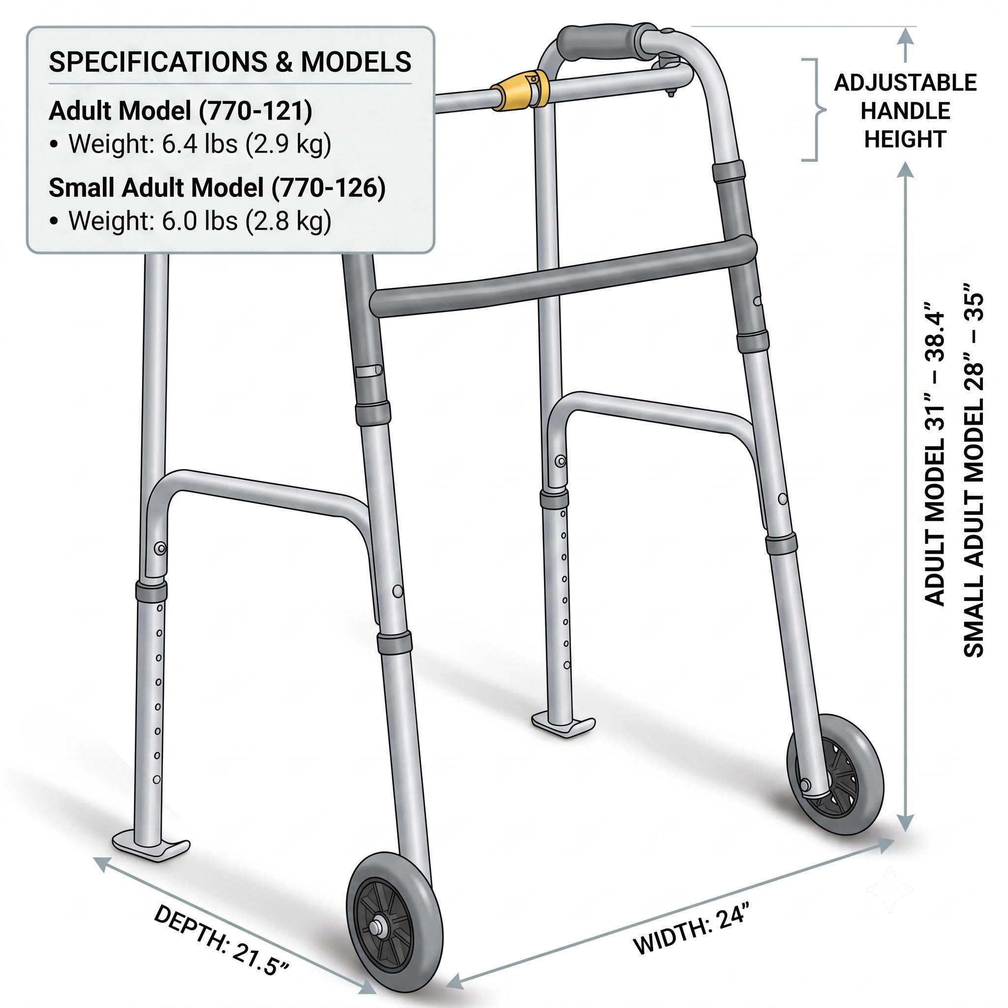Airgo One Touch Button Folding Walker Detailed Dimensions Diagram