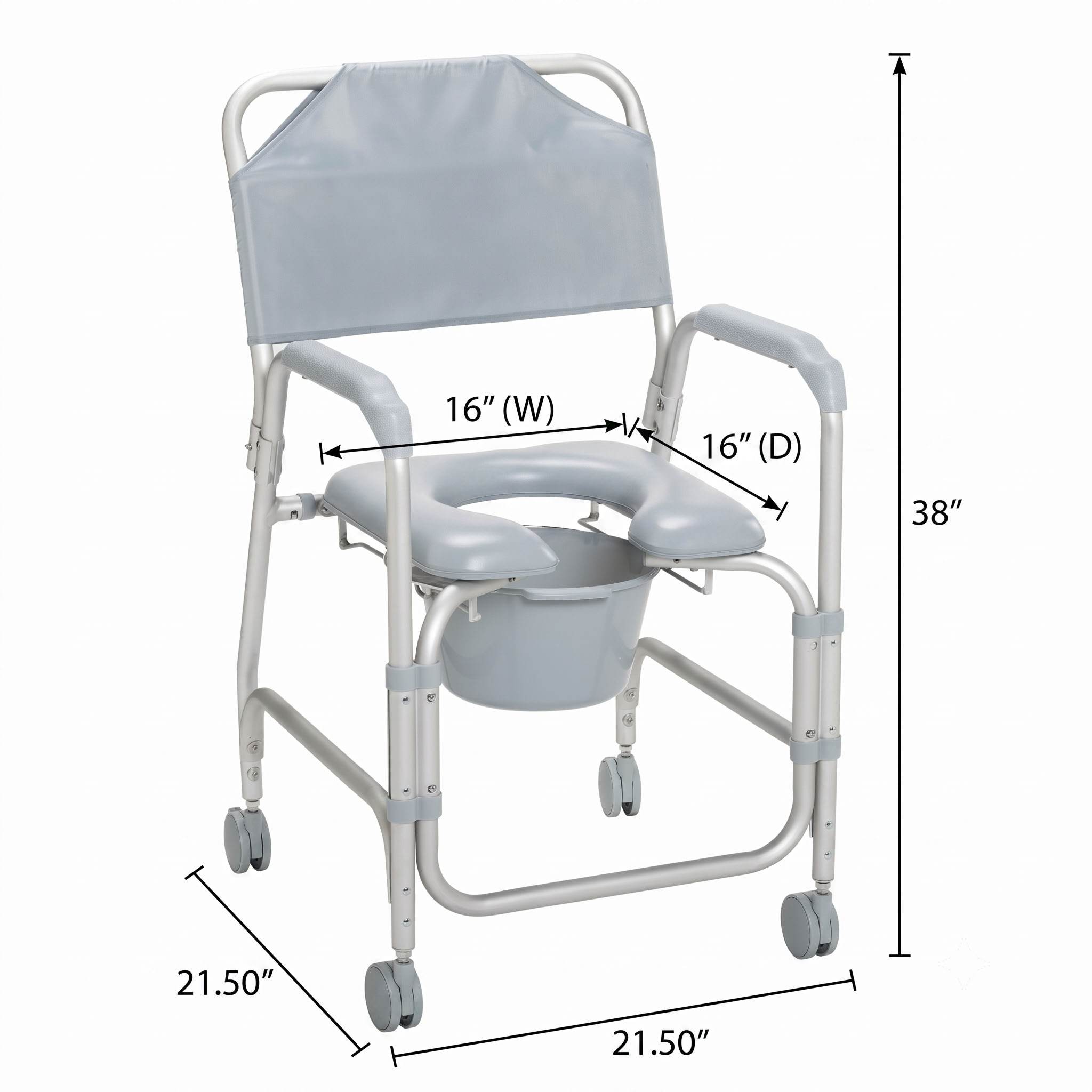 Aluminum Shower Chair and Commode with Casters Detailed Dimensions Diagram