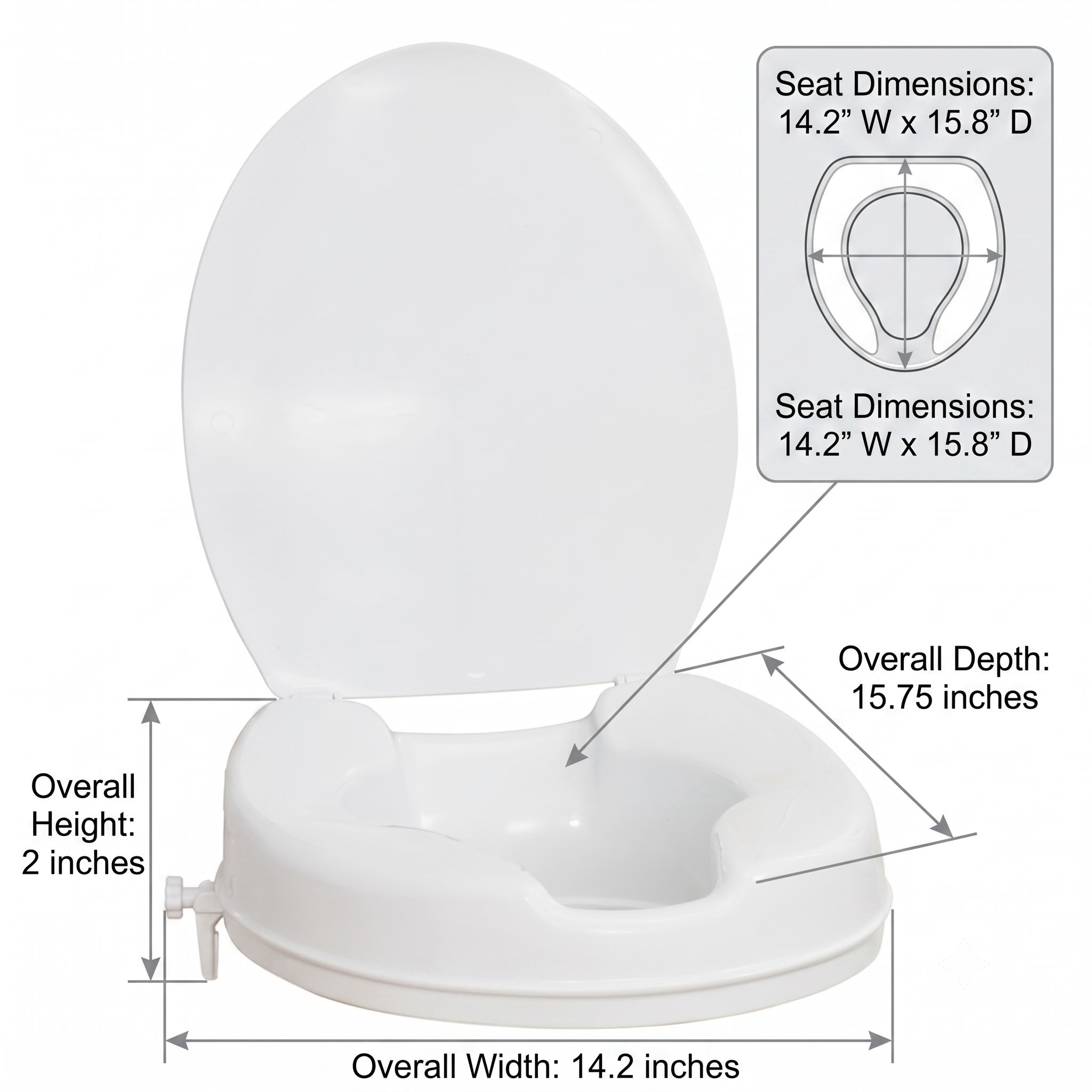 AquaSense Raised Toilet Seat 2 inch dimensions diagram