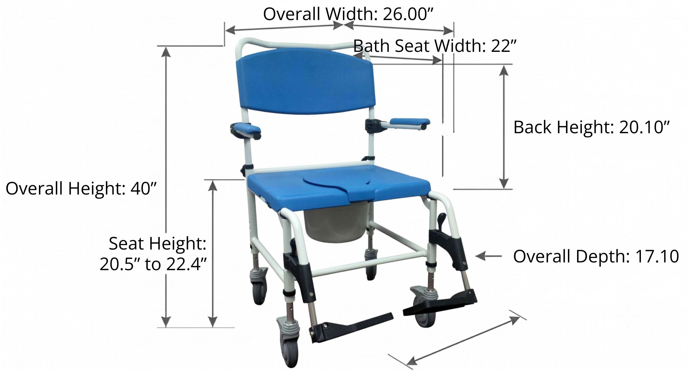 Bariatric Aluminum Rehab Shower Commode Chair Detailed Dimensions Diagram
