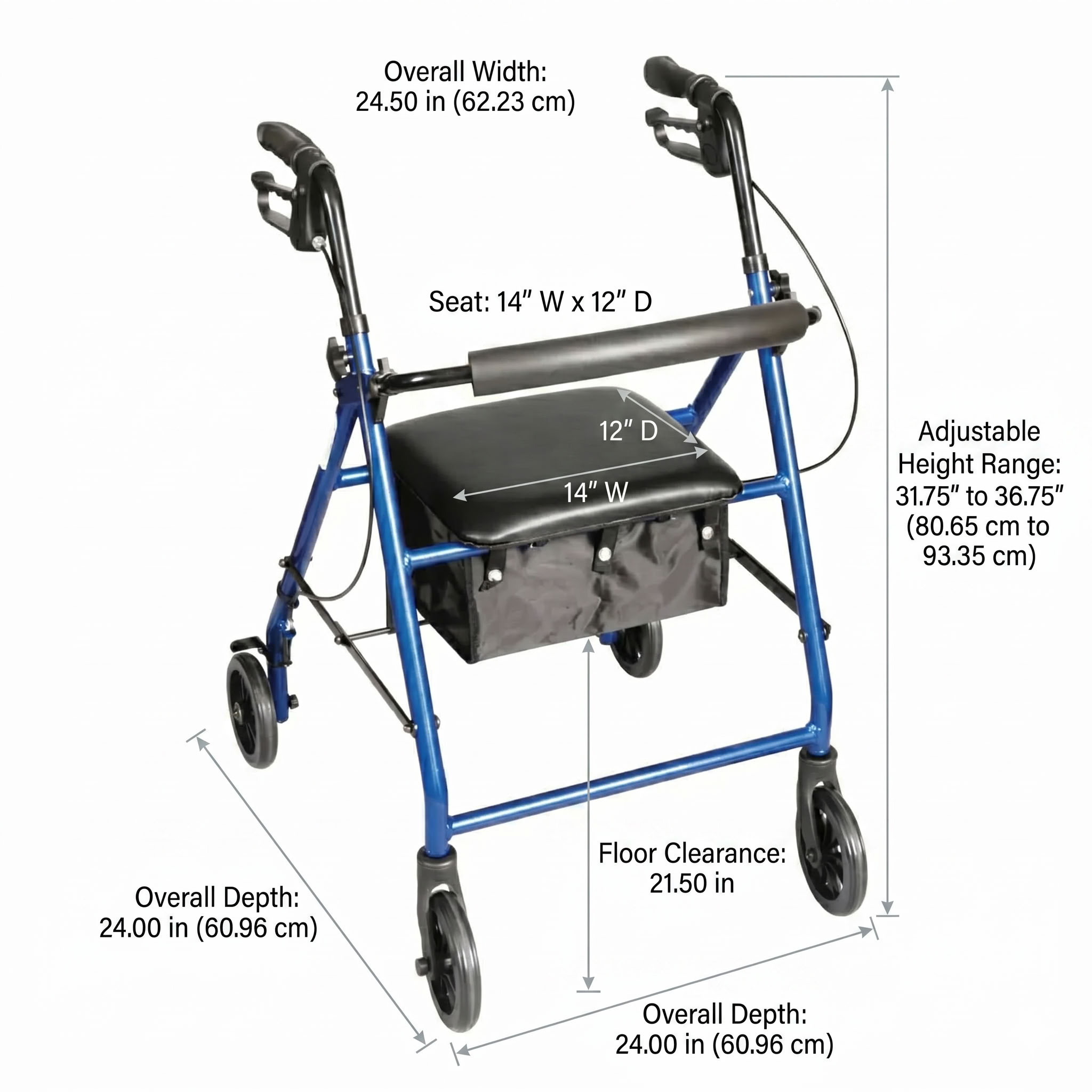 Carex Classics Rolling Walker Detailed Dimensions Diagram