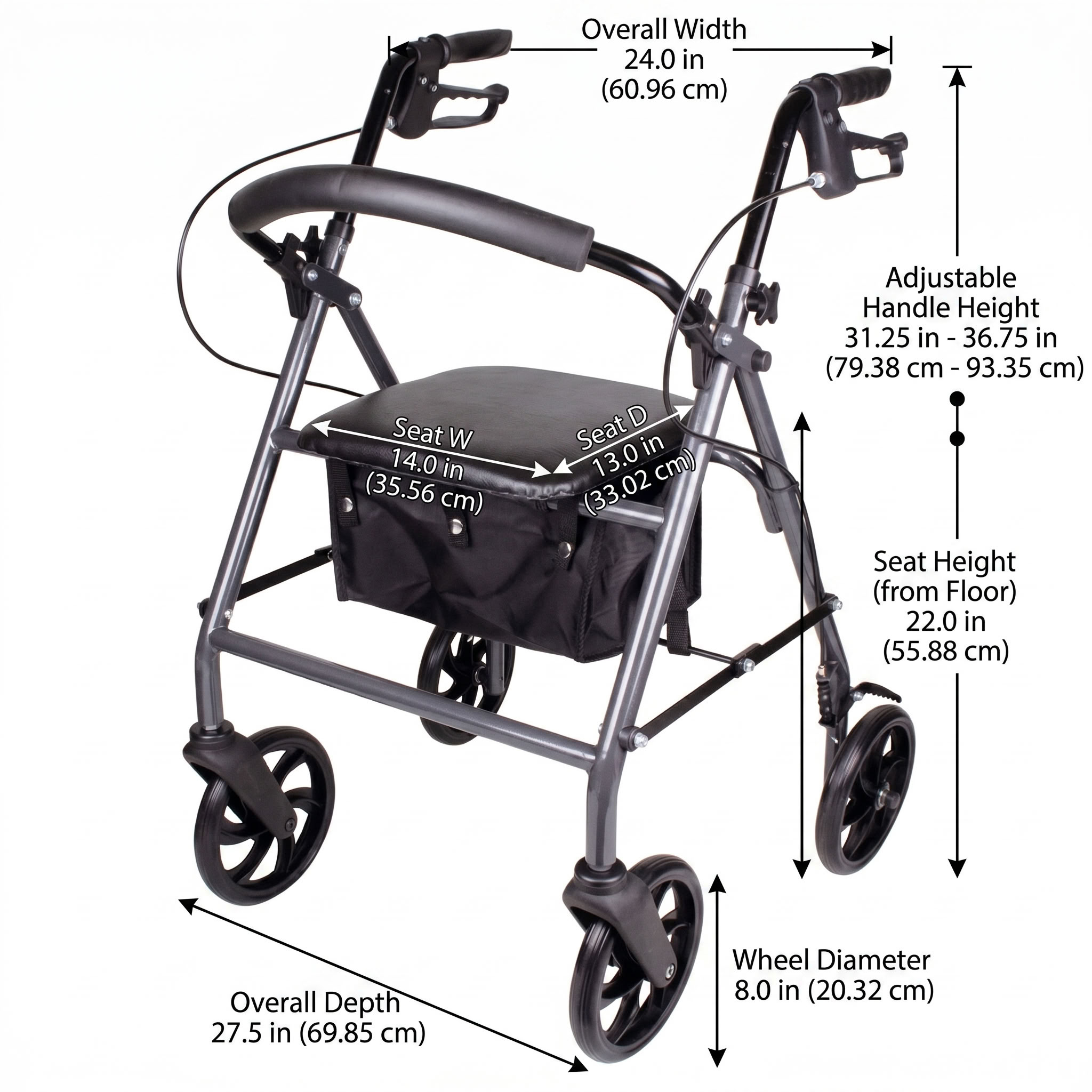 Carex Classics Steel Rollator Detailed Dimensions Diagram