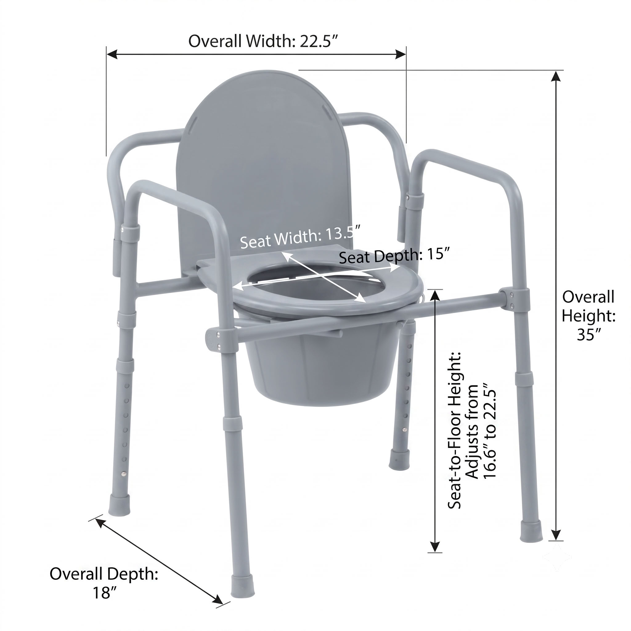 Competitive Edge Line 3-in-1 Folding Commode Detailed Dimensions Diagram