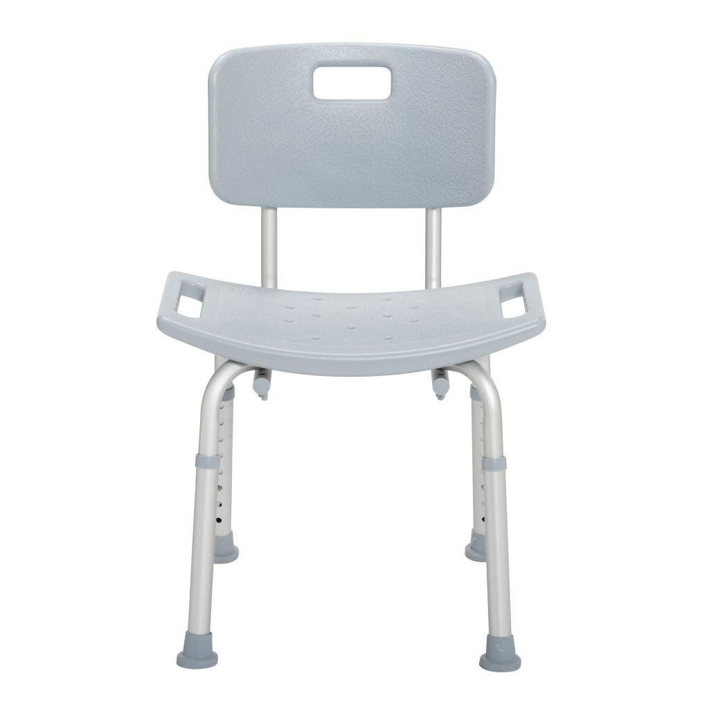 Drive Medical Deluxe Aluminum Bath Chair front view showing tool-free assembled back, seat, and legs