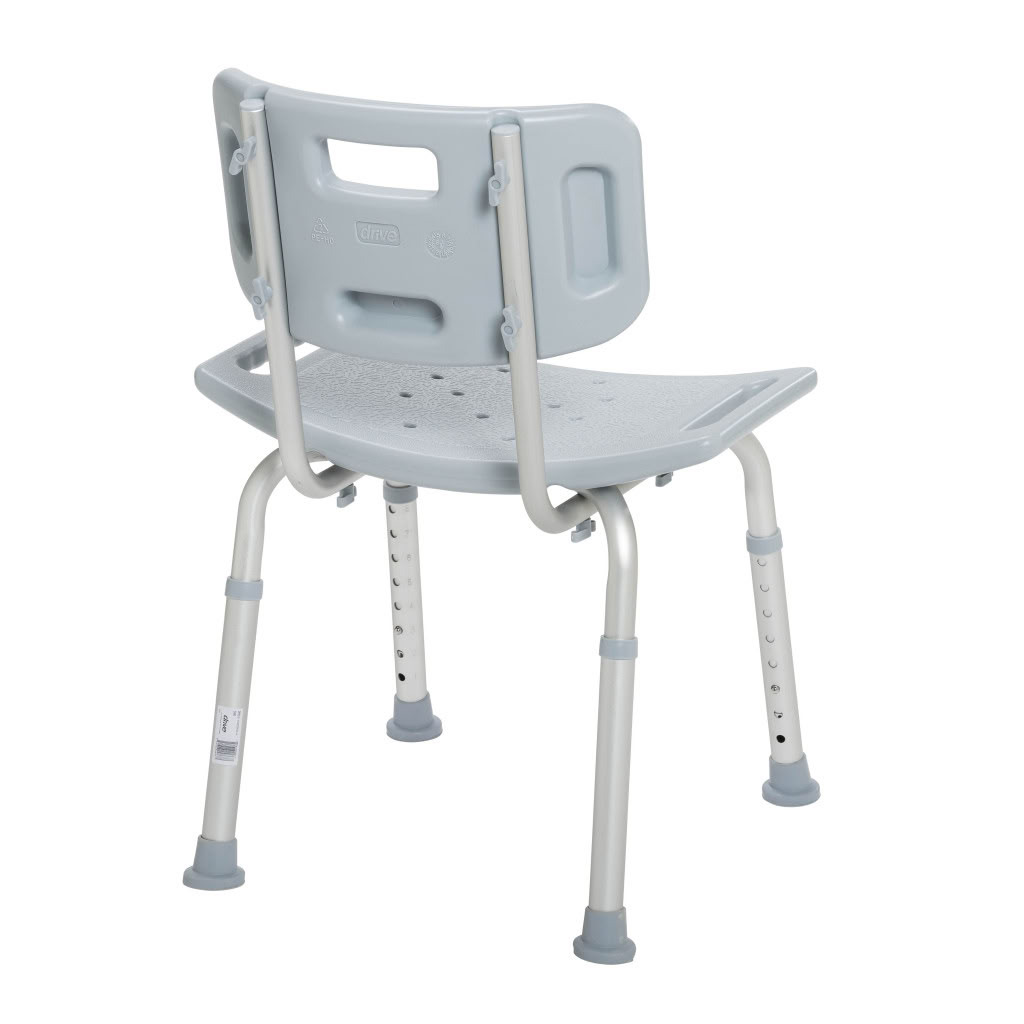 Drive Medical Deluxe Aluminum Bath Chair side view showing the aluminum frame and removable back