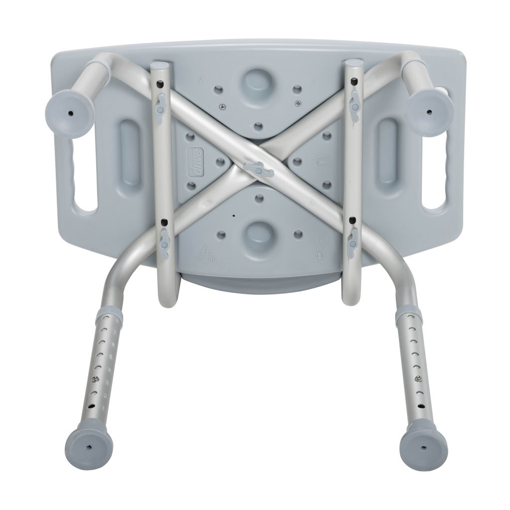 Drive Medical Deluxe Aluminum Bath Chair under-seat view showing the textured seat with drainage holes made from recycled materials