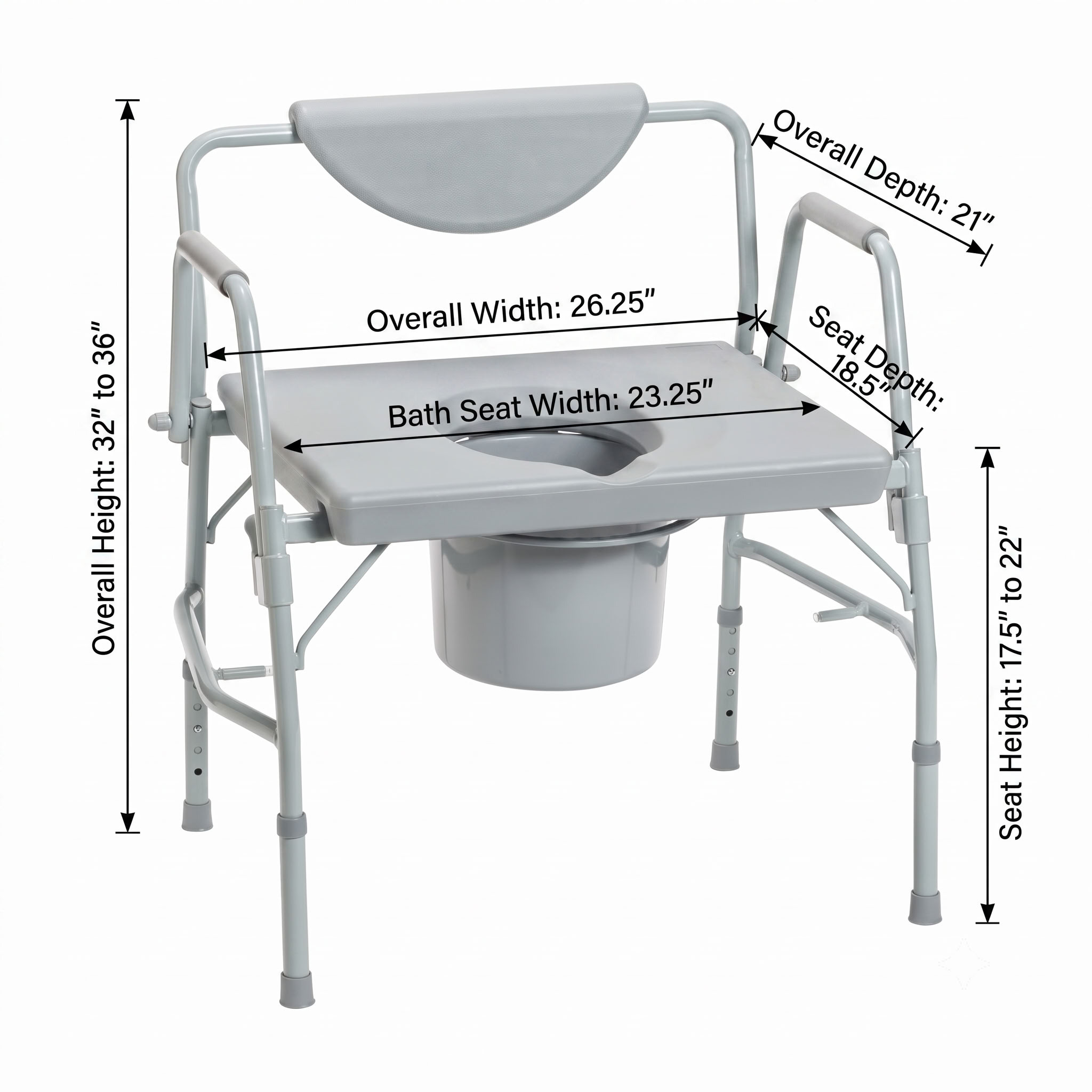 Deluxe Bariatric Drop-Arm Commode Detailed Dimensions Diagram